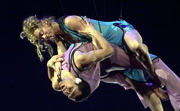 Dancers dangling from the ceiling December 1999 during rehearsals for