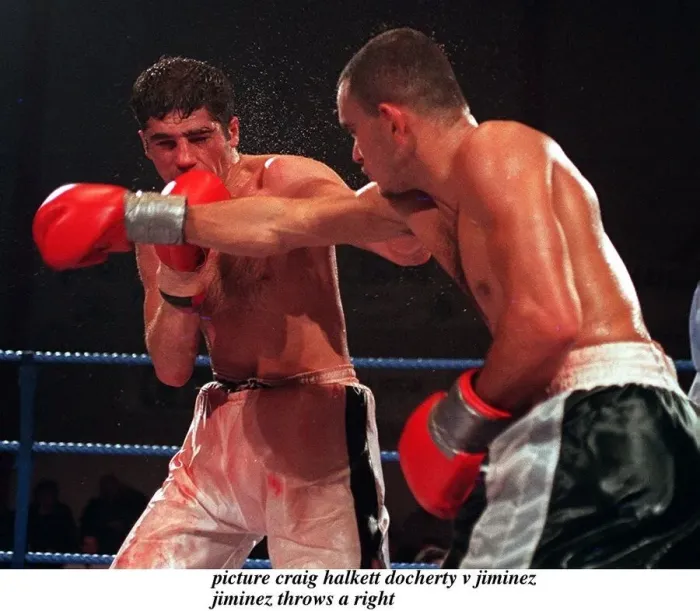 Framed Print : Daniel Jiminez of Puerto Rico and Drew Docherty of Scotland in action during their WBO Framed Print : Daniel Jiminez of Puerto Rico and Drew Docherty of Scotland in action during their WBO
