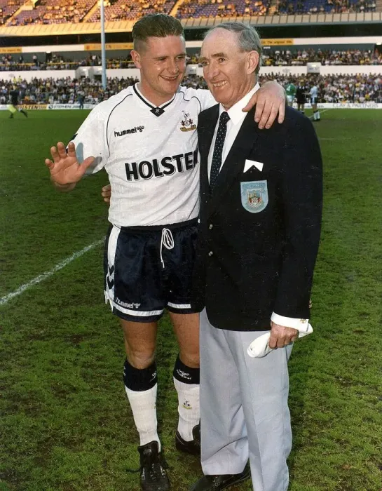Framed Print : Danny Blanchflower right who played for Tottenham FC with Paul Gascoigne, August 1990 Framed Print : Danny Blanchflower right who played for Tottenham FC with Paul Gascoigne, August 1990