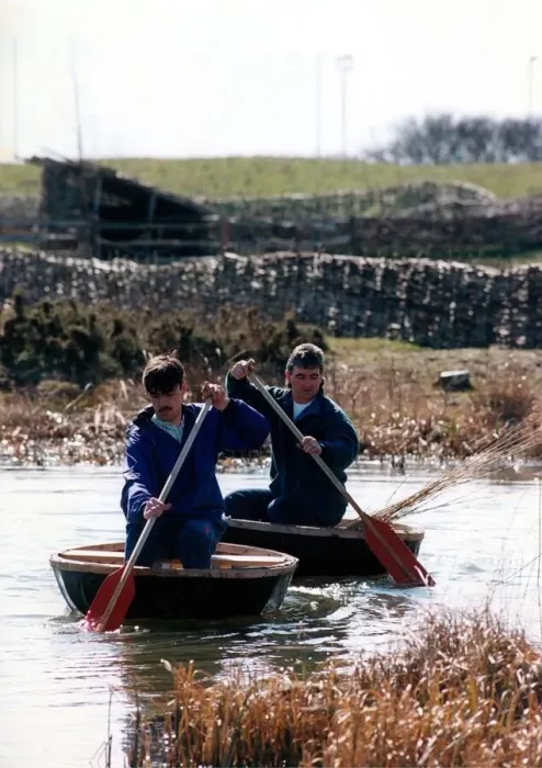 Framed Print : Danny Gilchrist and Dave Potts on the pond at Bedes World in Jarrow with their coracles Framed Print : Danny Gilchrist and Dave Potts on the pond at Bedes World in Jarrow with their coracles