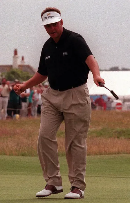 Framed Print : Darren Clarke at the Open Golf Championship Troon July 1997 Celebrating his birdie