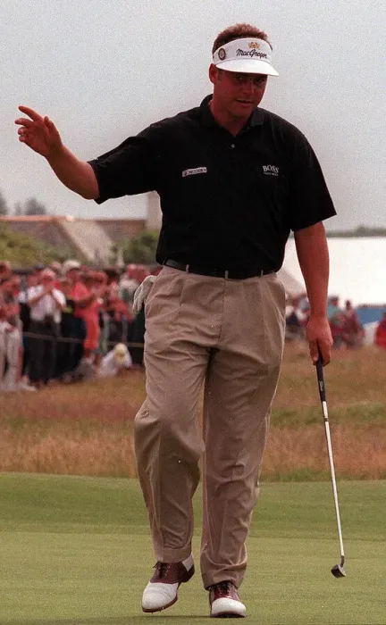Framed Print : Darren Clarke at the Open Golf Championship Troon July 1997 Celebrating his birdie
