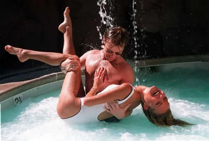 Framed Print : Darren Day and Tracy Shaw are having fun in the pool