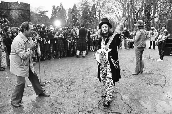 Dave Hill of Slade filming a new video at Eastnor Castle, near Ledbury. 26th January 1984