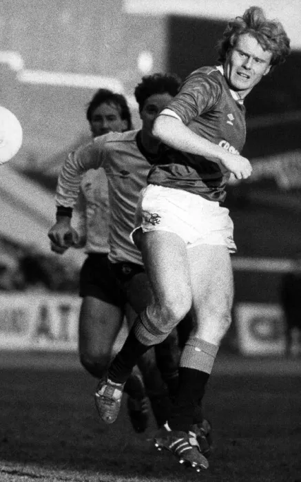 Framed Print : Dave MacKinnon in action for Rangers F. C. against Dundee. Circa 1985 Framed Print : Dave MacKinnon in action for Rangers F. C. against Dundee. Circa 1985