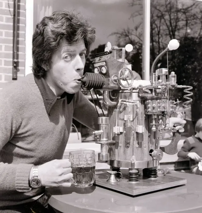 Framed Print : Dave Trotman designer from Southampton with his pint of beer tester it dispenses beer a Framed Print : Dave Trotman designer from Southampton with his pint of beer tester it dispenses beer a