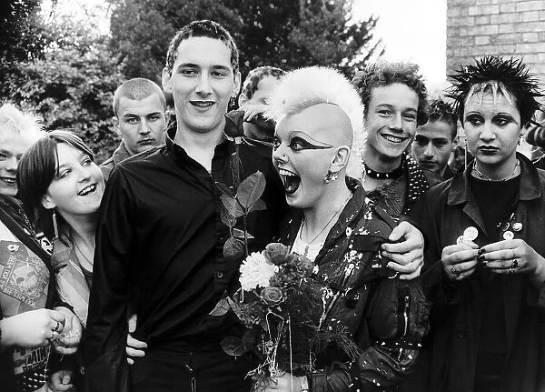 David Bancroft and Alison Wyn-de-Bank Punk Wedding 1980 with friends at their wedding at