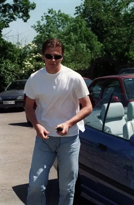 : David Beckham Football June 1997 Manchester United footballer outside the home of : David Beckham Football June 1997 Manchester United footballer outside the home of