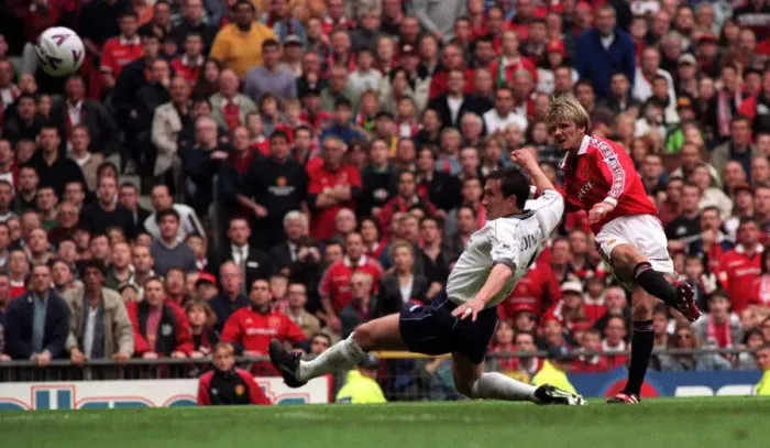 Framed Print : David Beckham scoring for Manchester United May 1999 against Tottenham Hotspur in Framed Print : David Beckham scoring for Manchester United May 1999 against Tottenham Hotspur in