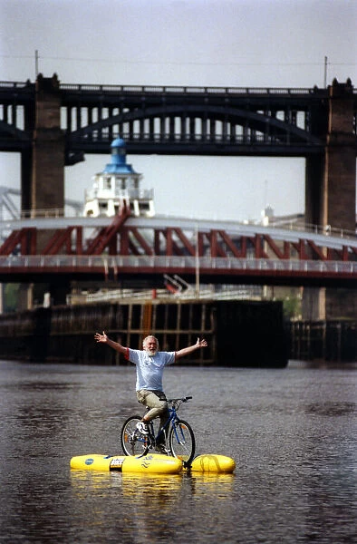 David Bellamy tries out the shuttle bike to cross the River Tyne in Newcastle on 11th May