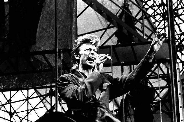 David Bowie performing at Roker Park, Sunderland on 23rd June 1987 in his Glass Spider