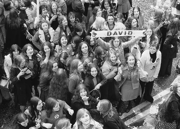 David Cassidy fans mass outside the Radio Luxemborg building in Hertford Street bringing