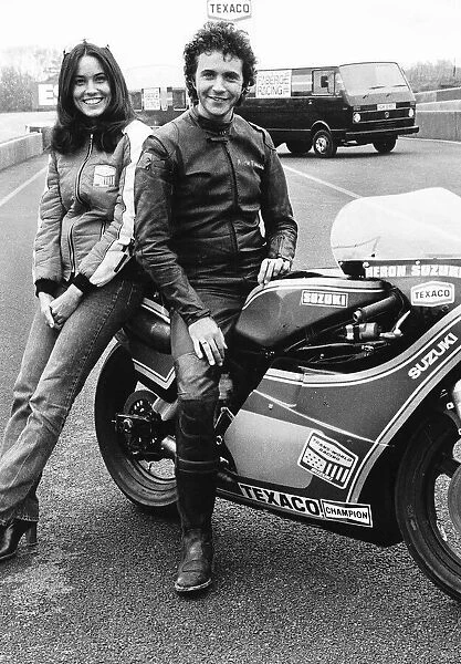 David Essex singer with actress Christina Raines on motorcycle