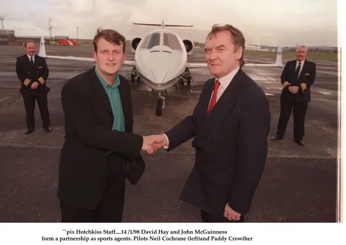 Framed Print : David Hay January 1998 shakes hands with Lottery millionaire John McGuinness with a jet Framed Print : David Hay January 1998 shakes hands with Lottery millionaire John McGuinness with a jet
