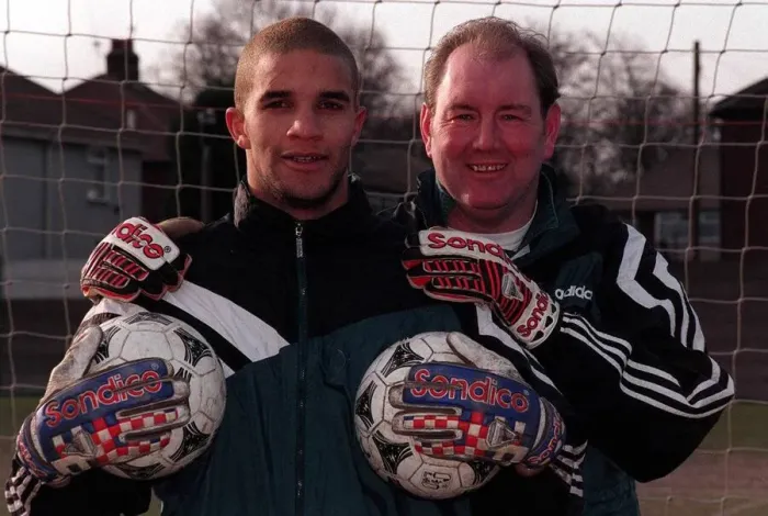 Framed Print : David James the Liverpool keeper with goalkeeping coach Joe Corrigan Framed Print : David James the Liverpool keeper with goalkeeping coach Joe Corrigan
