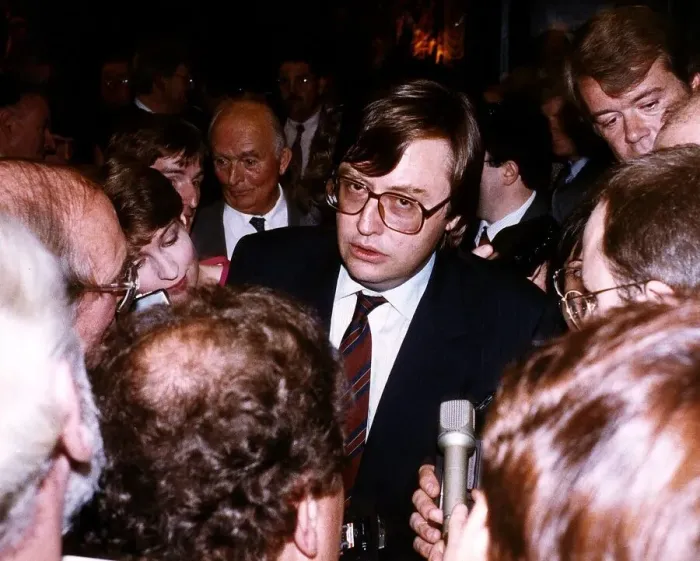 Framed Print : David Mellor Conservative Member of Parliament surrounded by journalists at the Press