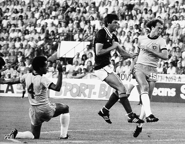 David Narey footballer Scotland scores against Brazil in World Cup 1982 football strip
