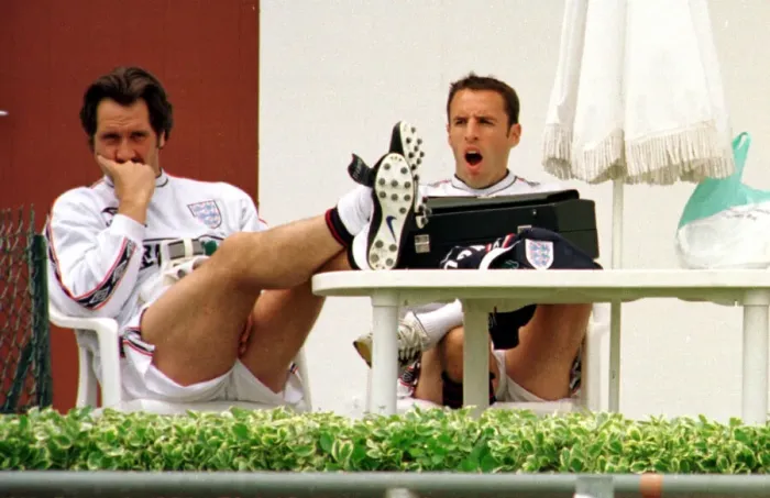Framed Print : David Seaman and Gareth Southgate June 1998 relax after England training session in Framed Print : David Seaman and Gareth Southgate June 1998 relax after England training session in