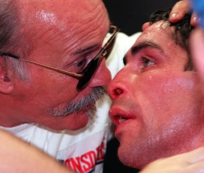 Framed Print : Davie McHale in corner after fight September 1997 ST Andrews boxing club Charles