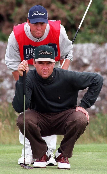 Davis Love 111 at Troon for Open Championship July 1997 with caddie as he works out his