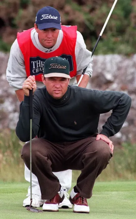 Framed Print : Davis Love 111 at Troon for Open Championship July 1997 with caddie as he works out his