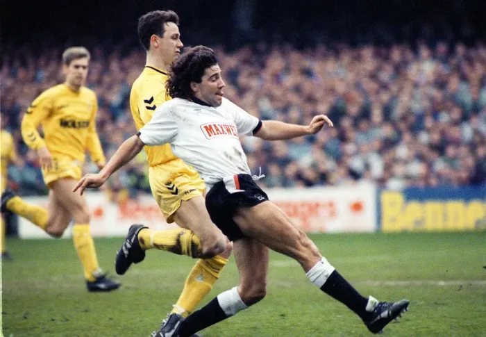 Framed Print : Dean Saunders of Derby County in action to score against Tottenham Hotspur during the two