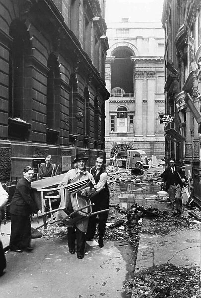 Debris outside Mansion house, in the centre of London, after another German air raid