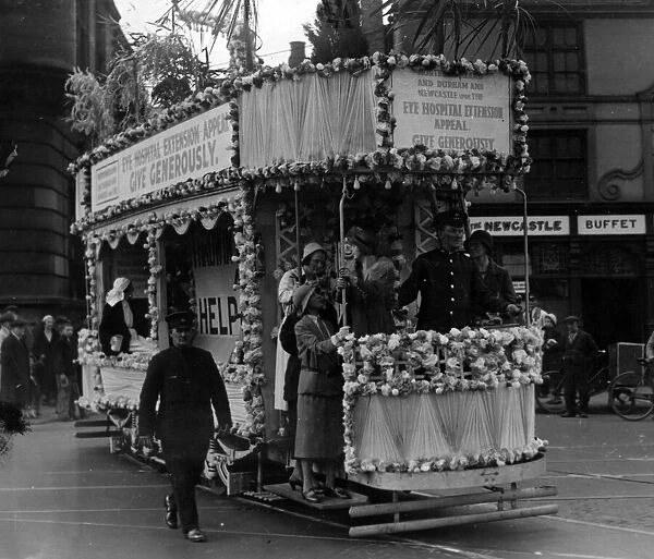 The decorated tram-car which toured Newcastle streets in aid of the Newcastle Eye