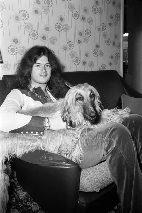 Framed Print : Deep Purple guitarist Glenn Hughes relaxes with his pet Afghan hound Khama after Framed Print : Deep Purple guitarist Glenn Hughes relaxes with his pet Afghan hound Khama after