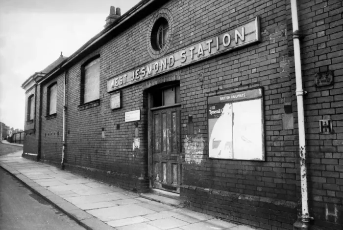 Framed Print : The delapidated exterior of West Jesmond Railway Station showing the door of Framed Print : The delapidated exterior of West Jesmond Railway Station showing the door of