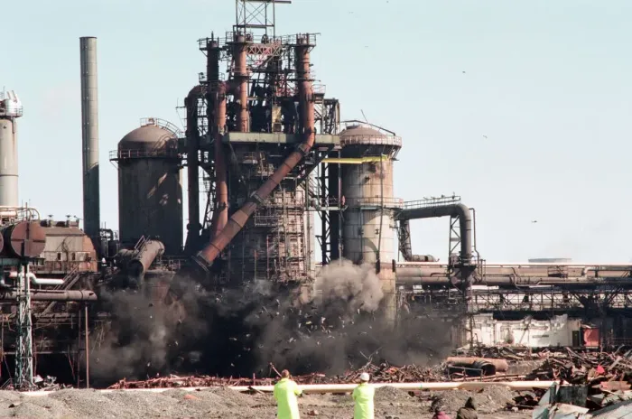 Framed Print : Demolition of Cleveland Iron No 4 blast furnace at BSC Cleveland Works. 10th April 1994 Framed Print : Demolition of Cleveland Iron No 4 blast furnace at BSC Cleveland Works. 10th April 1994