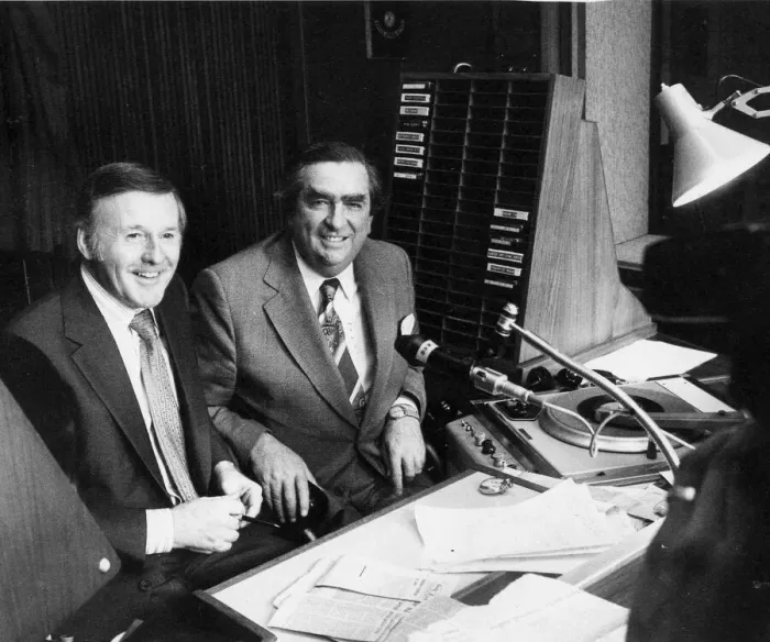 Framed Print : Denis Healey and Jimmy Young in BBC Radio 2 studio - April 1977 02  /  04  /  1977
