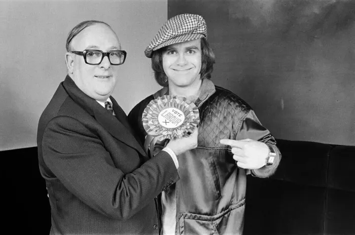 Framed Print : Denis Howell Labour Minister of State for Sport with pop star Elton John Framed Print : Denis Howell Labour Minister of State for Sport with pop star Elton John