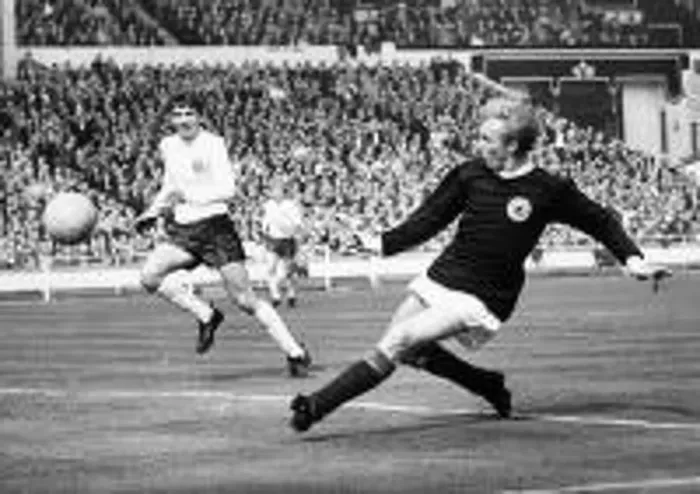 : Denis Law hitting shot April 1967 : Denis Law hitting shot April 1967