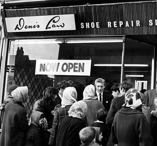 Denis Law of Manchester United opens his shoe repair shop in Moston lane, Blackley