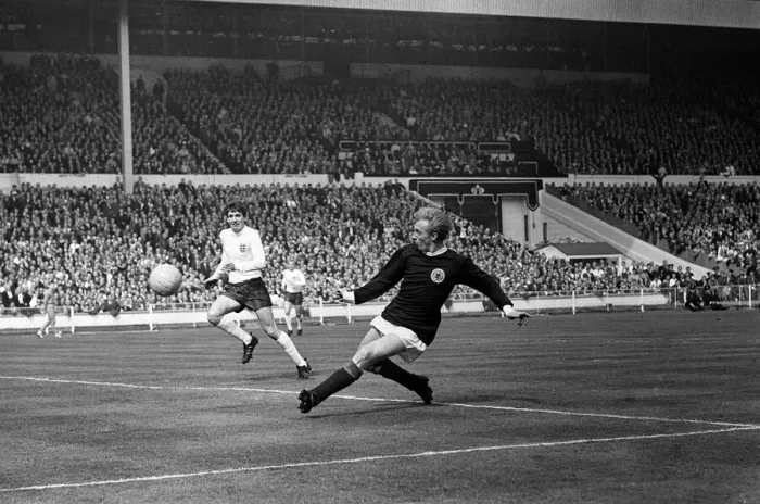 Framed Print : Denis Law & Martin Peters England v Scotland game 1967 Framed Print : Denis Law & Martin Peters England v Scotland game 1967