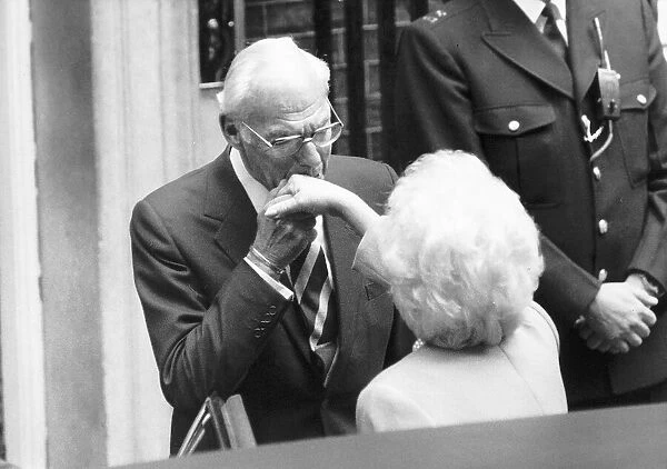 Denis Thatcher and Barbara Bush wife of American President George Bush at Downing Street
