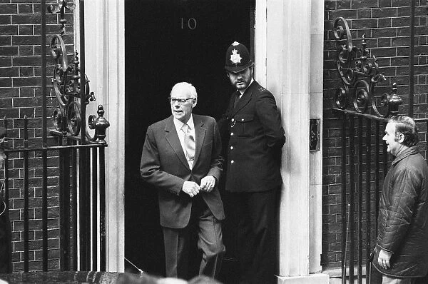 Denis Thatcher, husband of Margaret Thatcher, pictured outside Downing Street, London