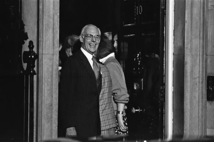 Framed Print : Denis Thatcher husband of Prime Minister Margaret Thatcher celebrate winning a third term