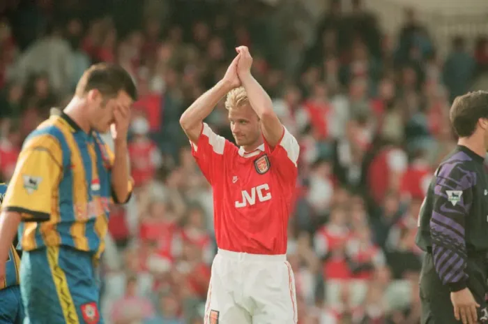 Framed Print : Dennis Bergkamp celebrates and applauds the fans for their support for his teams victory