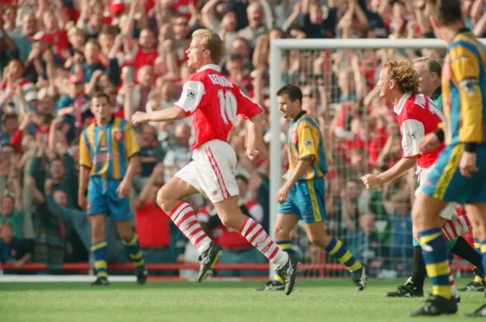 Framed Print : Dennis Bergkamp celebrates his second goal for his new club Arsenal Framed Print : Dennis Bergkamp celebrates his second goal for his new club Arsenal