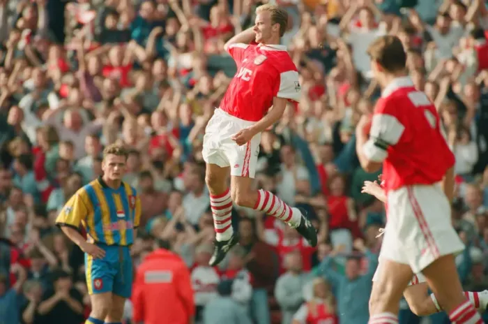 Framed Print : Dennis Bergkamp celebrates his second goal for his new club Arsenal Framed Print : Dennis Bergkamp celebrates his second goal for his new club Arsenal