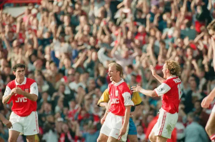 Framed Print : Dennis Bergkamp celebrates his second goal for his new club Arsenal Framed Print : Dennis Bergkamp celebrates his second goal for his new club Arsenal