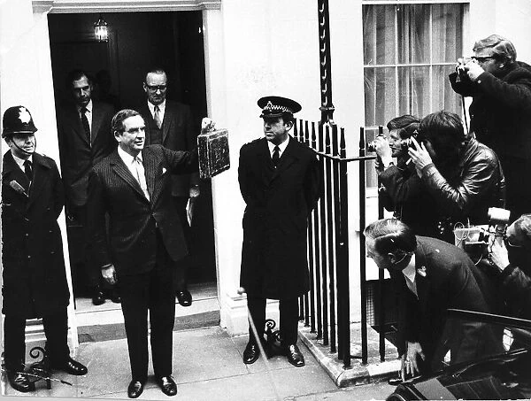 Dennis Healey Chancellor of the Exchequer leaving Number 11 Downing Street to give his