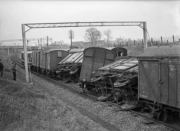 A derailed goods train after colliding with an English Electric Type 4 Diesel locomotive