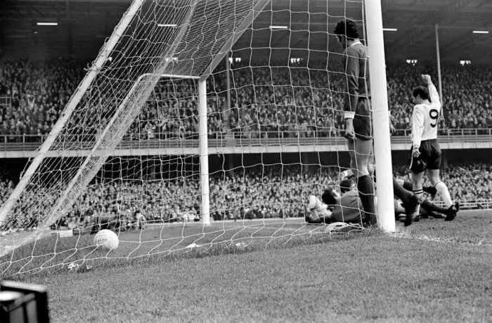 Framed Print : Derby v. Liverpool. O Hare arms paised Hector and Tommy Lawrence on floor Framed Print : Derby v. Liverpool. O Hare arms paised Hector and Tommy Lawrence on floor