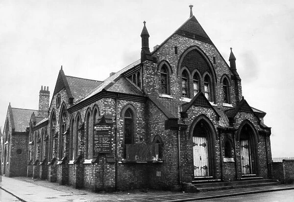 The derelict Methodist church in Peel Street, Thornaby, 23rd January 1973