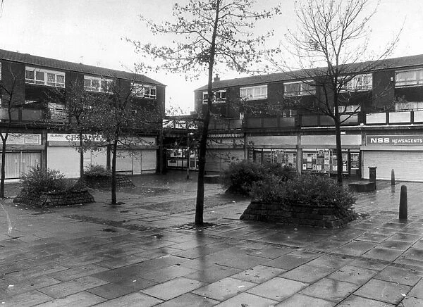 A deserted shopping precinct in Harpurey, 11th November 1987