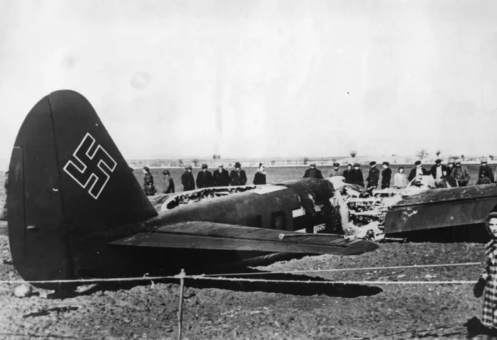 Framed Print : Destroyed Junkers-88 aircraft which made a forced landing on the island of Laaland Framed Print : Destroyed Junkers-88 aircraft which made a forced landing on the island of Laaland