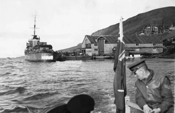 Framed Print : Destroyer waiting at a jetty at Barentsburg in the Svalbard Islands to take Russian